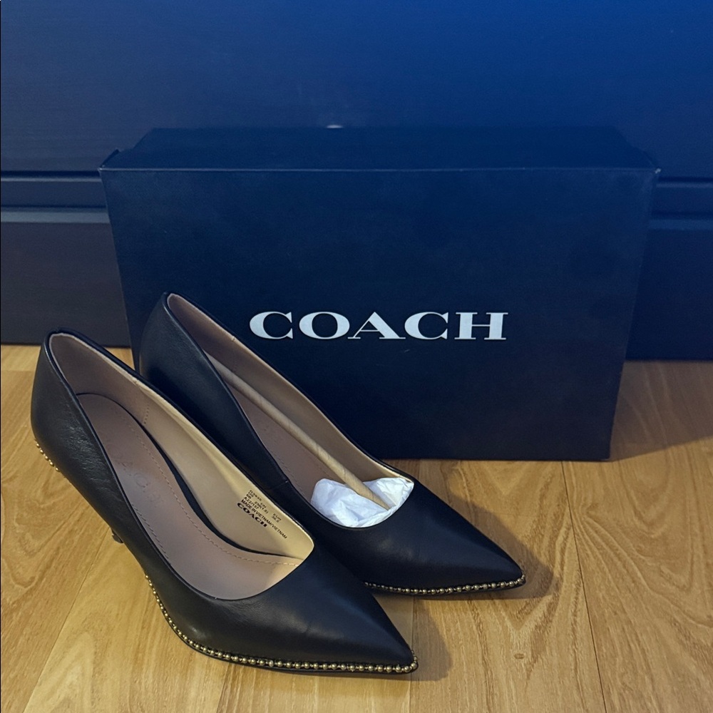 Coach Black Leather Heels with Gold Accents